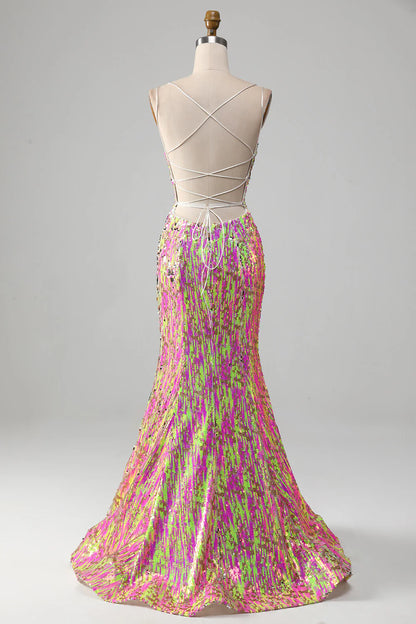 Amzcw Fuchsia Mermaid Spaghetti Straps Sparkly Sequin Prom Dress with Slit prom clothing