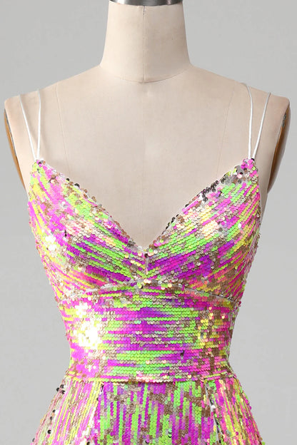 Amzcw Fuchsia Mermaid Spaghetti Straps Sparkly Sequin Prom Dress with Slit prom clothing