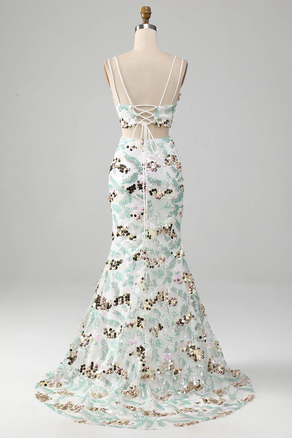 Amzcw White Mermaid Two-Piece Sparkly Sequin Prom Dress with Slit prom clothing