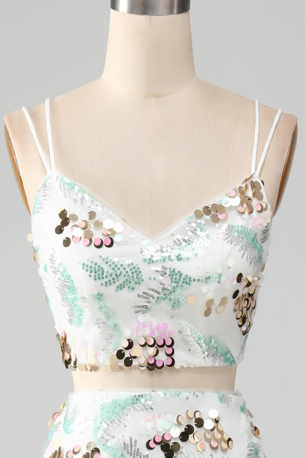 Amzcw White Mermaid Two-Piece Sparkly Sequin Prom Dress with Slit prom clothing