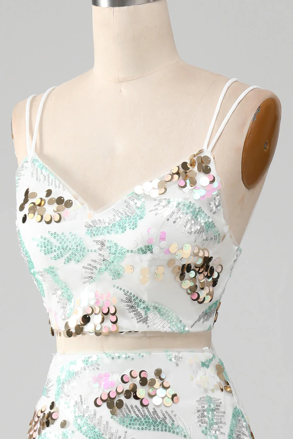 Amzcw White Mermaid Two-Piece Sparkly Sequin Prom Dress with Slit prom clothing