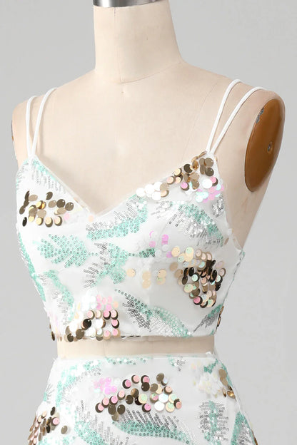 Amzcw White Mermaid Two-Piece Sparkly Sequin Prom Dress with Slit prom clothing