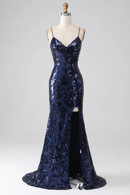 Amzcw Shimmering Mermaid Spaghetti Strap Sequins Prom Dress with Slit prom dress with long sleeves