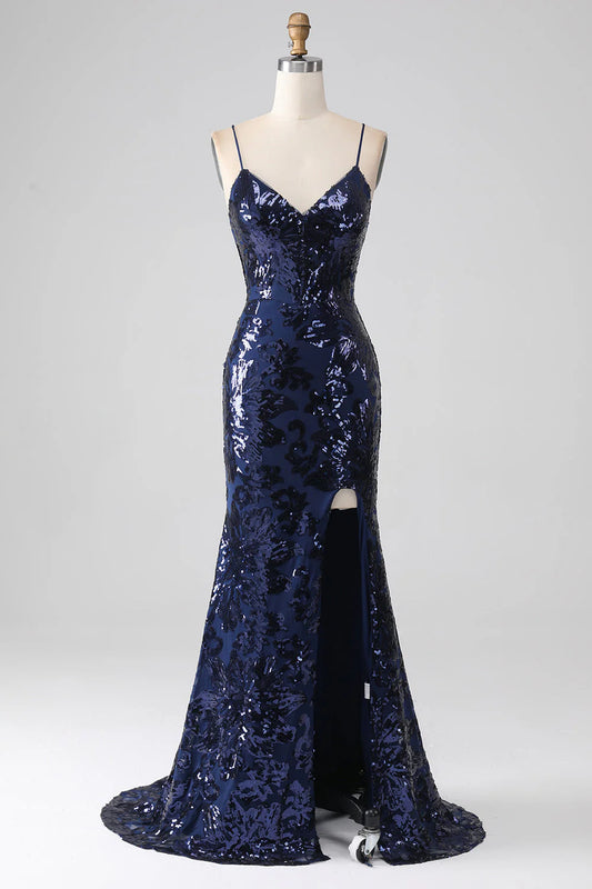 Amzcw Shimmering Mermaid Spaghetti Strap Sequins Prom Dress with Slit prom dress with long sleeves