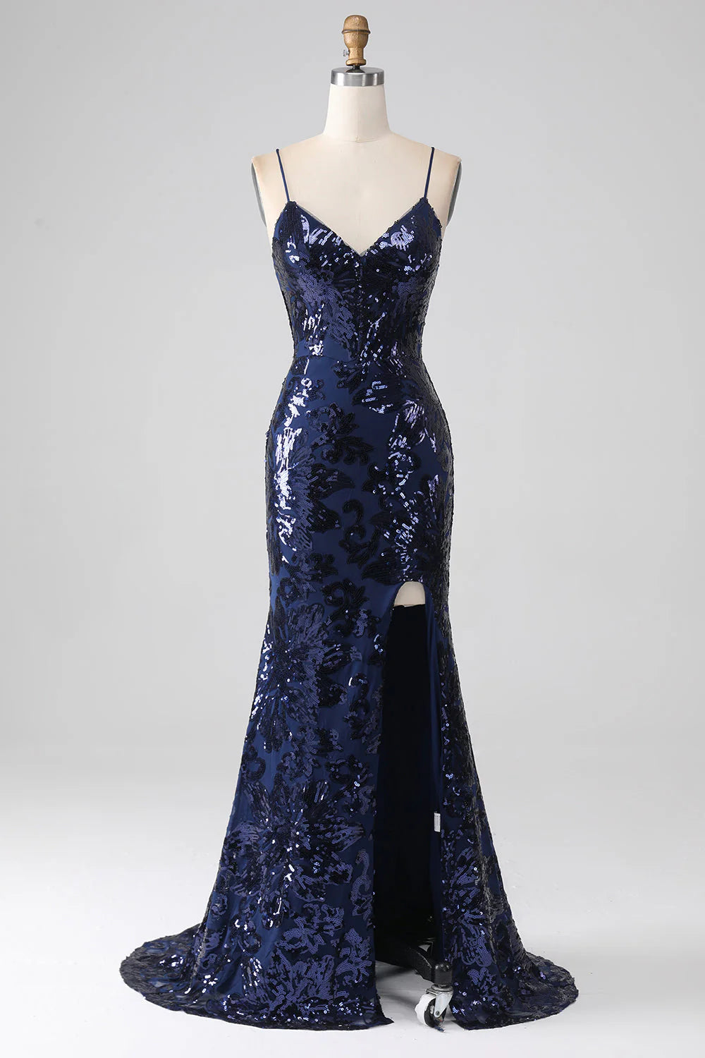 Amzcw Shimmering Mermaid Spaghetti Strap Sequins Prom Dress with Slit prom dress with long sleeves