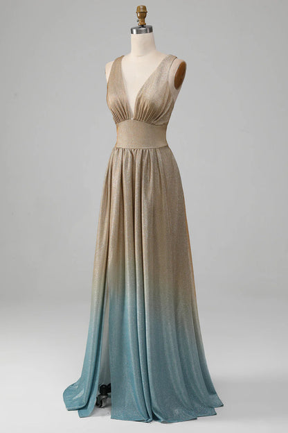 Amzcw Sparkly Gradient Gold A-Line V-Neck Prom Dress with Slit prom clothing