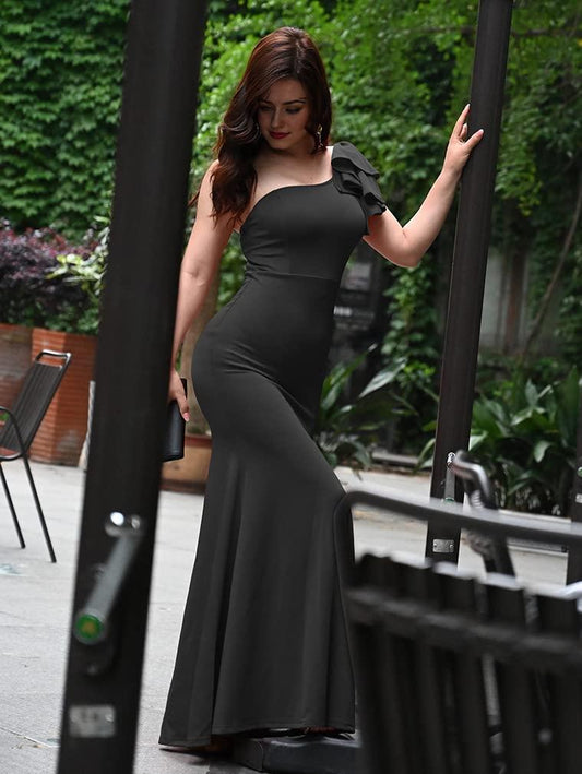 Amzcw Women's Sexy Sleeveless One Shoulder Ruffle High Split Party Evening Long Formal Dress dresses evening wear