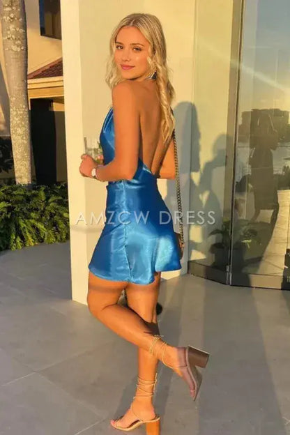 Amzcw Elegant Casual Satin High Neck Backless Short Party Homecoming Dress formal wear dresses
