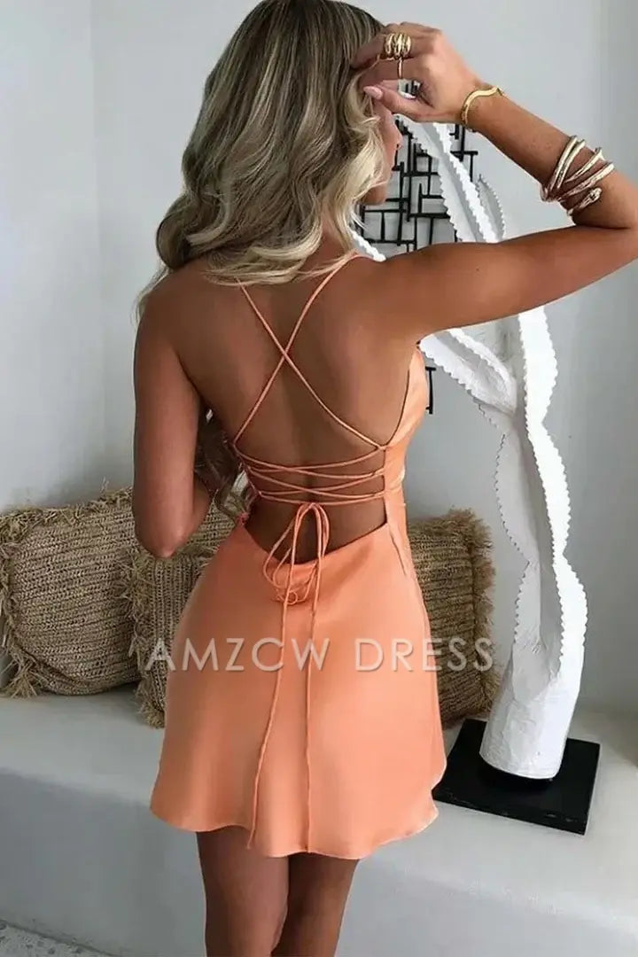 Amzcw Elegant Casual Satin Spaghetti Straps Lace Up Homecoming Dress formal wear dresses