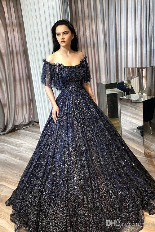 Celestial Sequin Ballgown Off-the-Shoulder Sweetheart Short-Sleeve Lace-Up-Back Floor-Length Quinceañera Gown