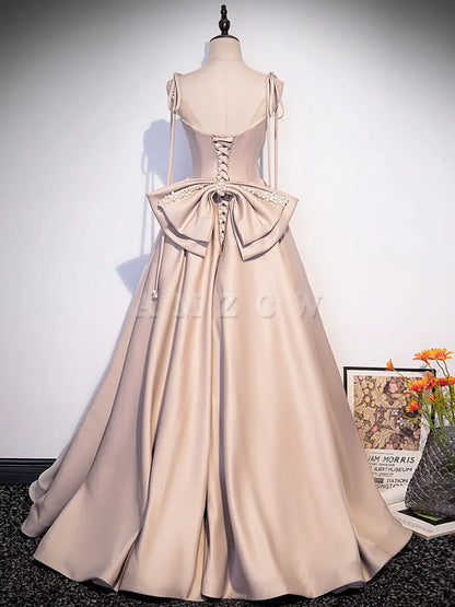 Amzcw Champagne A-Line Satin Vestidos de fiesta largos Champagne Vestido de noche formal Vestido de fiesta en tienda 