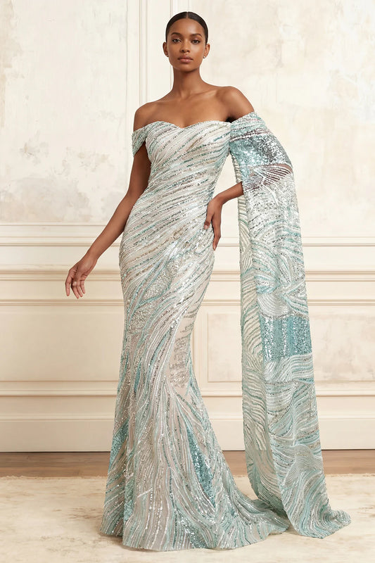 Champagne Blue Off-the-Shoulder Draped Sleeve Sequin Mermaid Prom Dress with Train