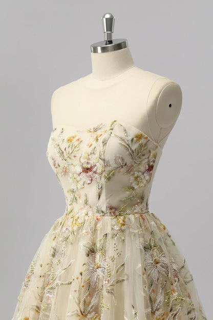 Champagne Floral Embroidered Tulle Homecoming Dress with High Neck and Keyhole Back