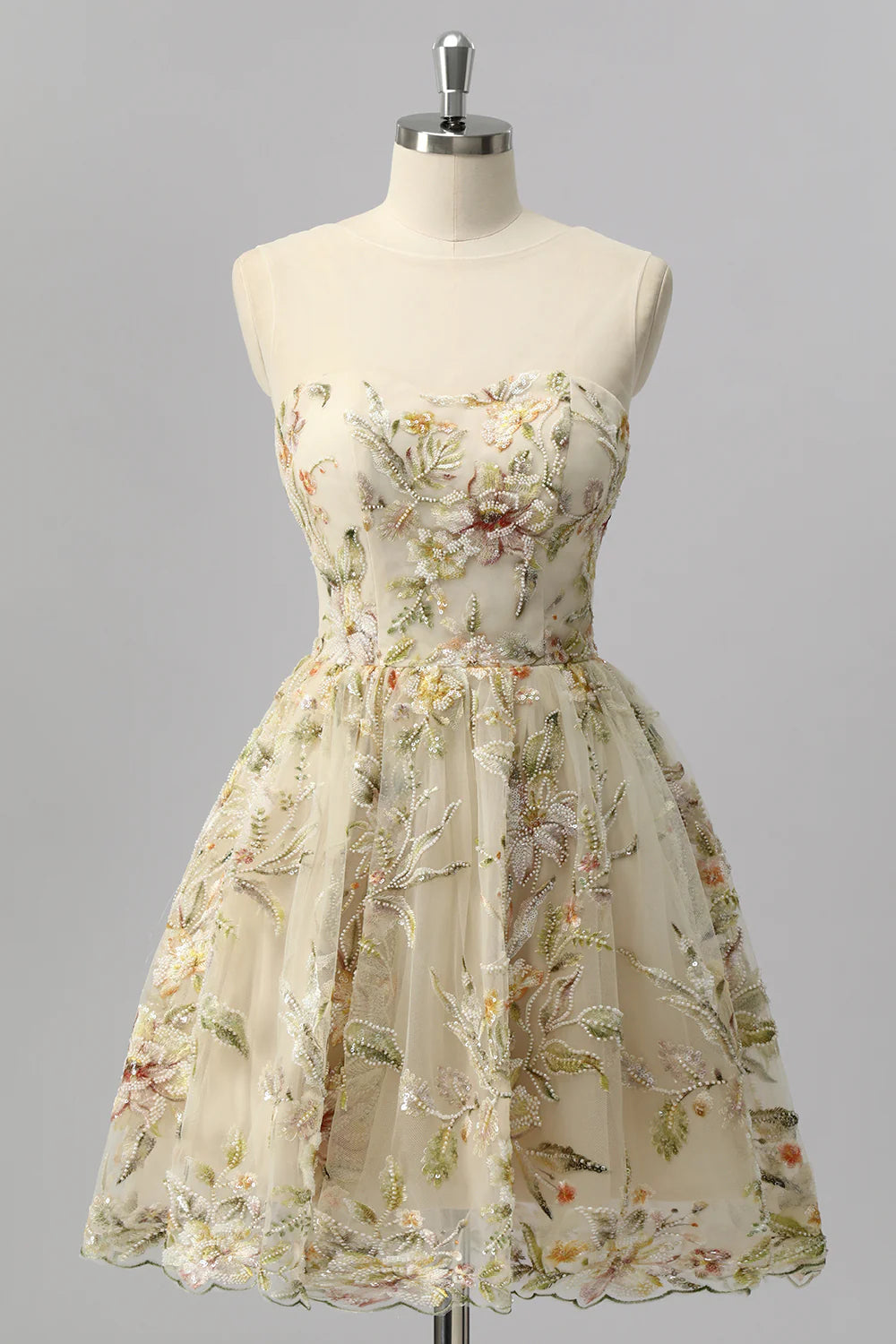 Champagne Floral Embroidered Tulle Homecoming Dress with High Neck and Keyhole Back