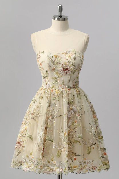 Champagne Floral Embroidered Tulle Homecoming Dress with High Neck and Keyhole Back