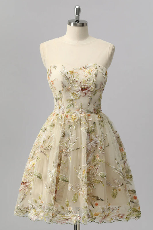 Champagne Floral Embroidered Tulle Homecoming Dress with High Neck and Keyhole Back