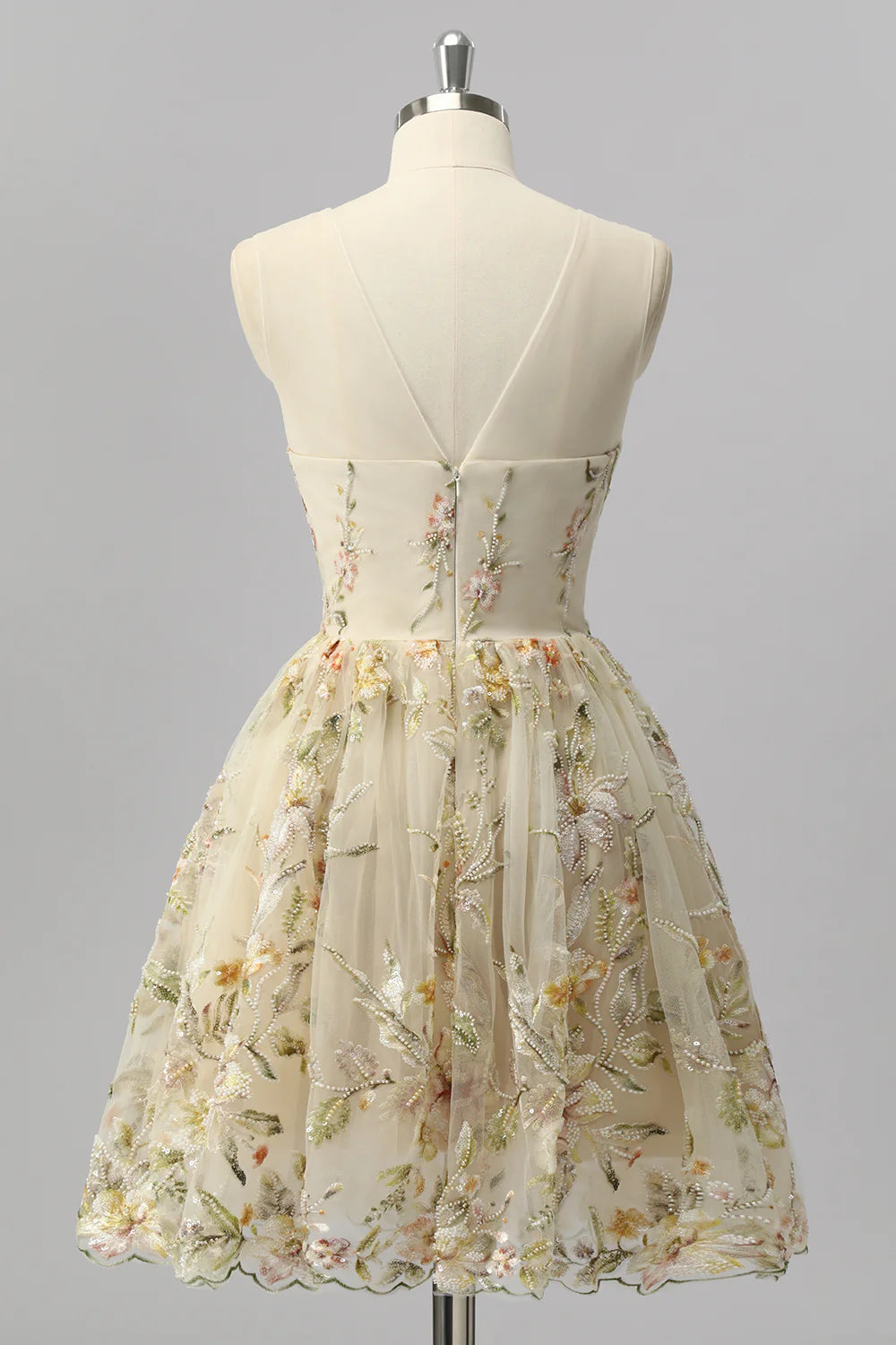Champagne Floral Embroidered Tulle Homecoming Dress with High Neck and Keyhole Back