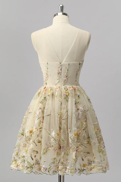 Champagne Floral Embroidered Tulle Homecoming Dress with High Neck and Keyhole Back
