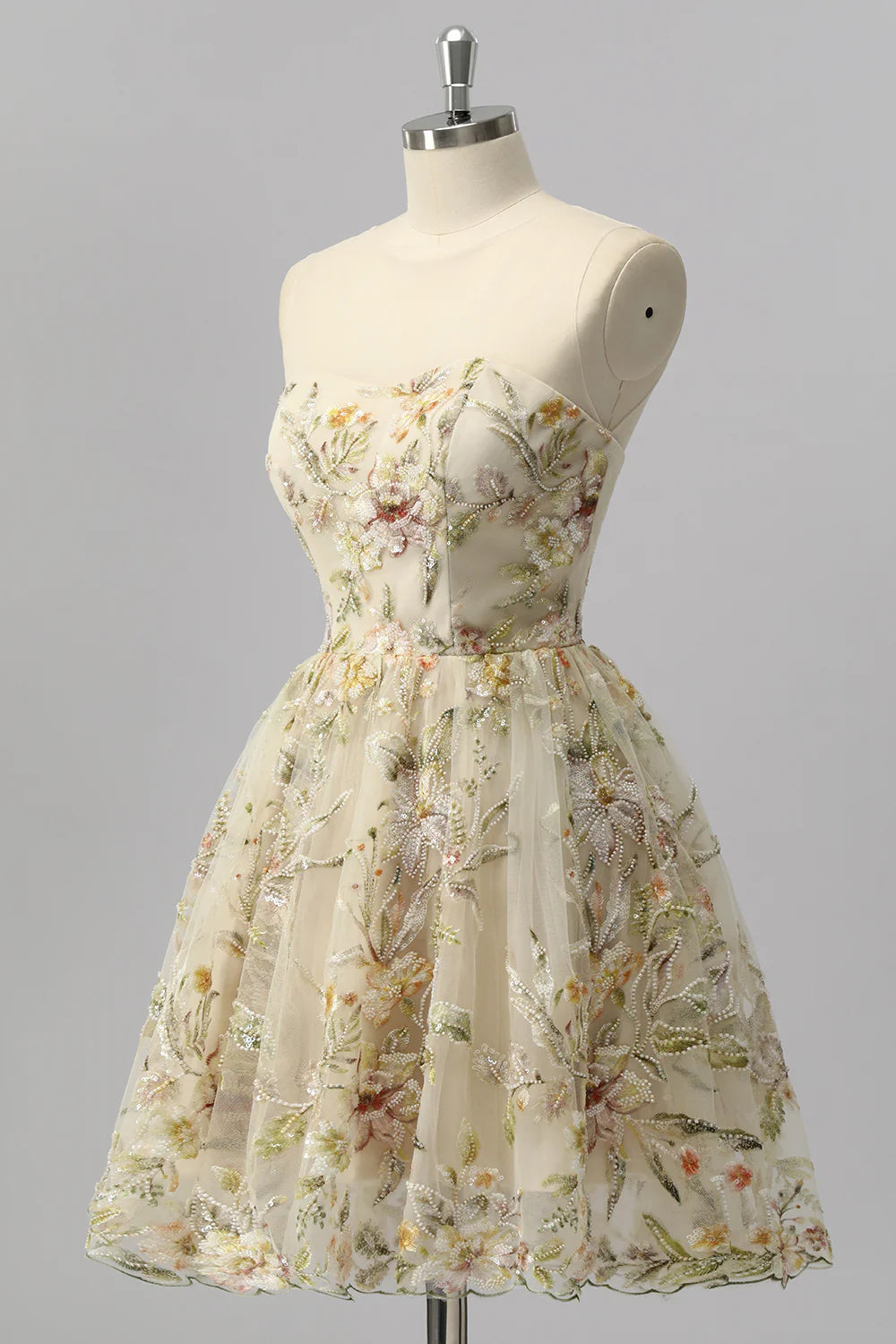 Champagne Floral Embroidered Tulle Homecoming Dress with High Neck and Keyhole Back