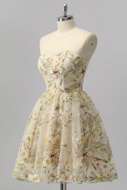 Champagne Floral Embroidered Tulle Homecoming Dress with High Neck and Keyhole Back