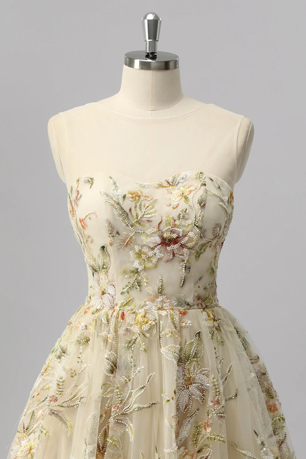 Champagne Floral Embroidered Tulle Homecoming Dress with High Neck and Keyhole Back