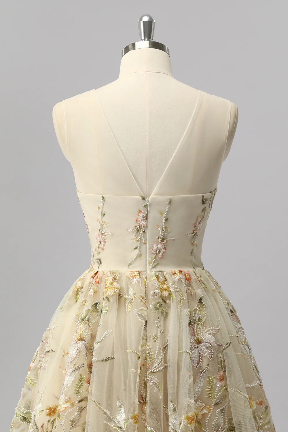 Champagne Floral Embroidered Tulle Homecoming Dress with High Neck and Keyhole Back