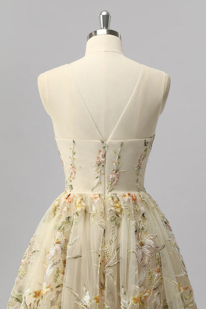 Champagne Floral Embroidered Tulle Homecoming Dress with High Neck and Keyhole Back