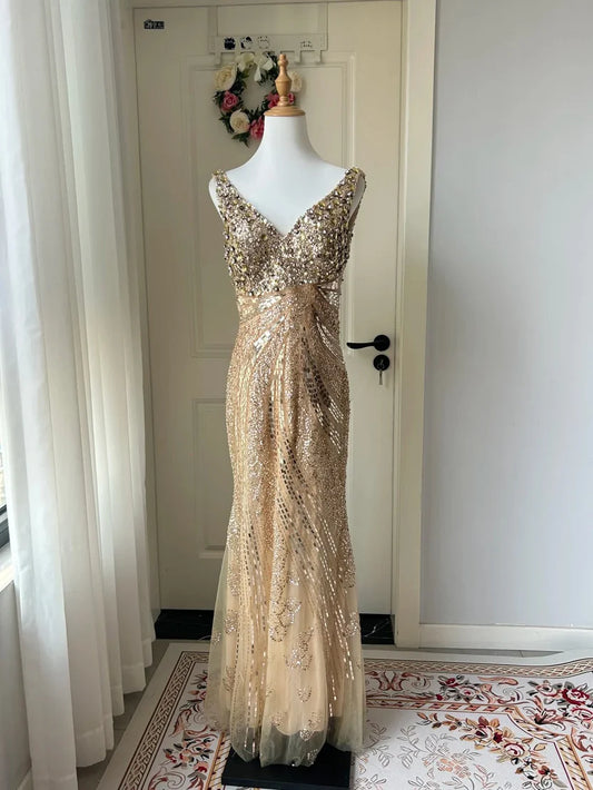 Champagne Gold Sequin Beaded V-Neck Mermaid Floor Length Prom Dress
