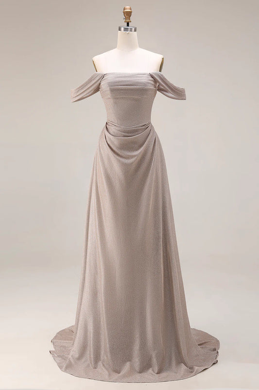 Champagne Off-the-Shoulder Glitter Ruched A-Line Prom Dress with Lace-Up Back and Train