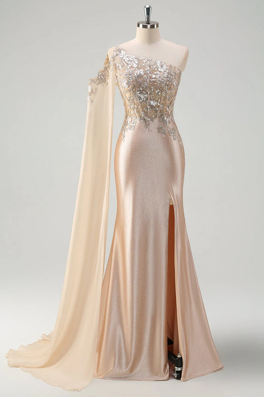 Champagne One-Shoulder Mermaid Prom Dress with Lace Applique Cape Sleeve High Slit Floor-Length Evening Gown