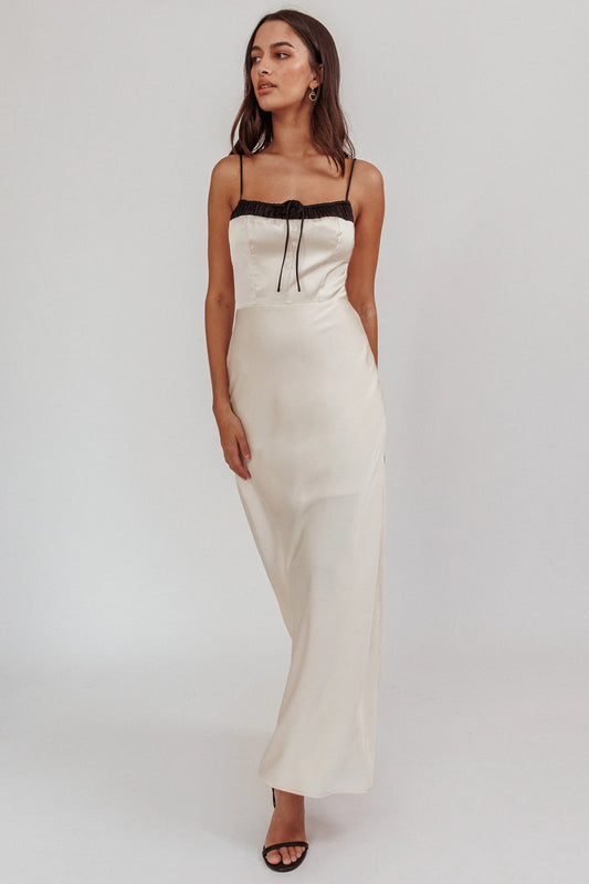 Champagne Satin Contrast Trim Tie Front High Slit Maxi Prom Dress