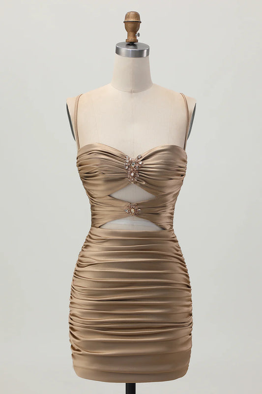 Champagne Satin Cutout Bodycon Homecoming Dress with Beading and Lace-Up Back