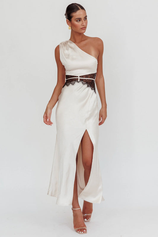 Champagne Satin One-Shoulder Lace Waist High Slit Midi Prom Dress
