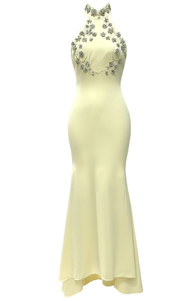 Champagne Satin Sleeveless Mermaid Evening Dress with Sequins and Open Back for Formal Events Weddings Proms