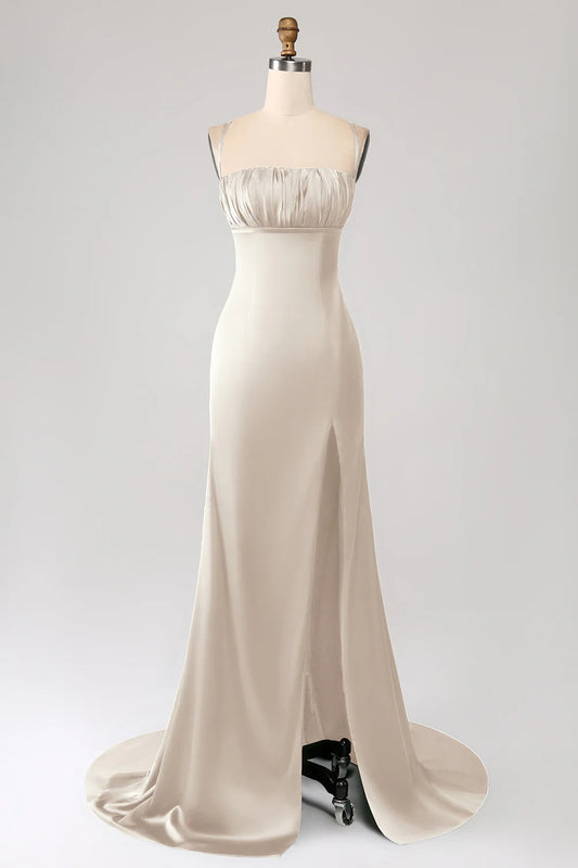 Champagne Satin Spaghetti Strap Square Neck Mermaid Prom Dress with High Slit