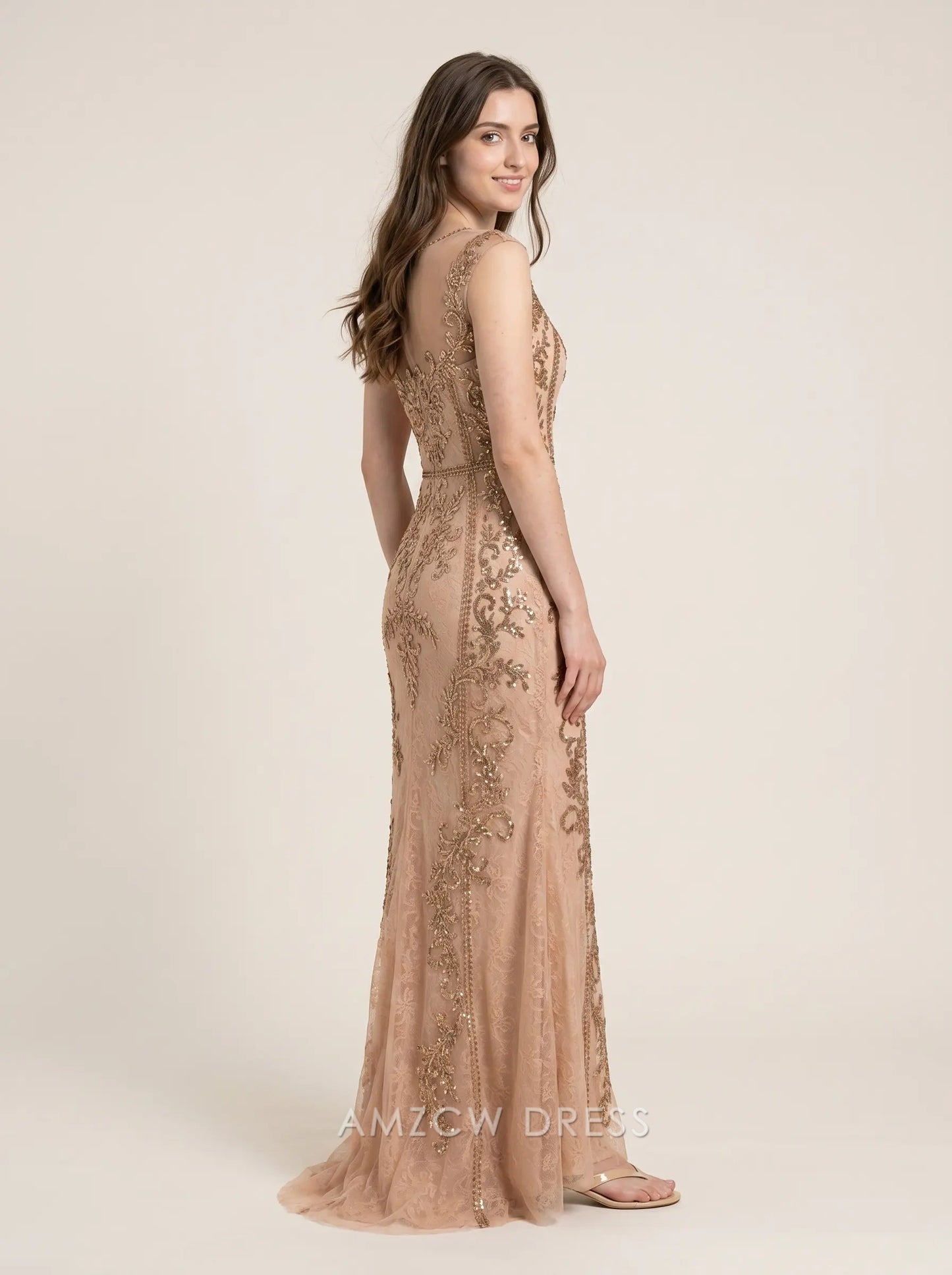Champagne Sleeveless Sheer Neckline Sequin Floral Embroidery Tulle Mermaid Floor Length Formal Evening Prom Dress
