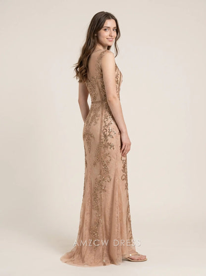 Champagne Sleeveless Sheer Neckline Sequin Floral Embroidery Tulle Mermaid Floor Length Formal Evening Prom Dress
