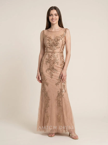 Champagne Sleeveless Sheer Neckline Sequin Floral Embroidery Tulle Mermaid Floor Length Formal Evening Prom Dress