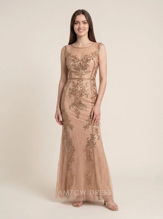 Champagne Sleeveless Sheer Neckline Sequin Floral Embroidery Tulle Mermaid Floor Length Formal Evening Prom Dress
