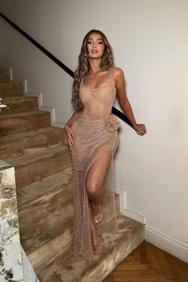 Champagne Spaghetti Strap Sheer Mesh Beaded 3D Floral High Slit Mermaid Long Formal Evening Prom Dress