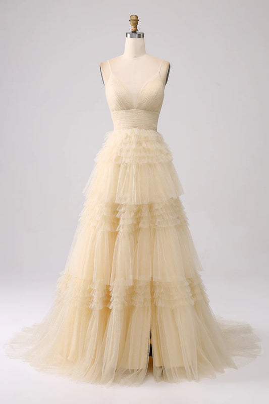 Champagne Spaghetti Strap V-Neck Tiered Ruffle Glitter Tulle Maxi Prom Dress