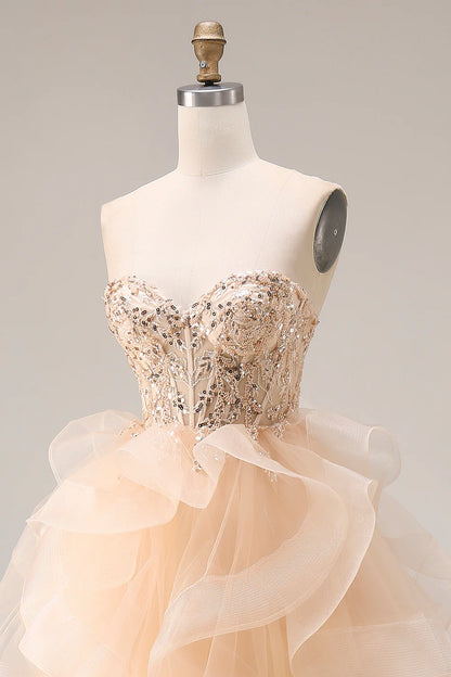 Champagne Strapless Beaded Lace Ruffled Organza Prom Dress with Corset Back