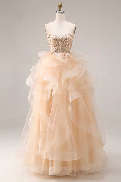 Champagne Strapless Beaded Lace Ruffled Organza Prom Dress with Corset Back