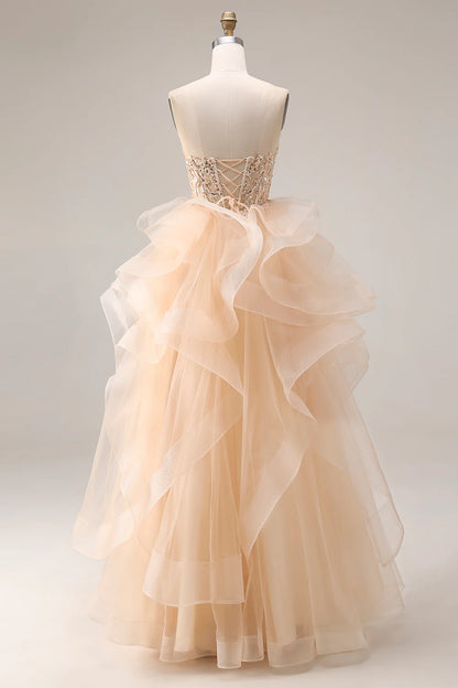 Champagne Strapless Beaded Lace Ruffled Organza Prom Dress with Corset Back