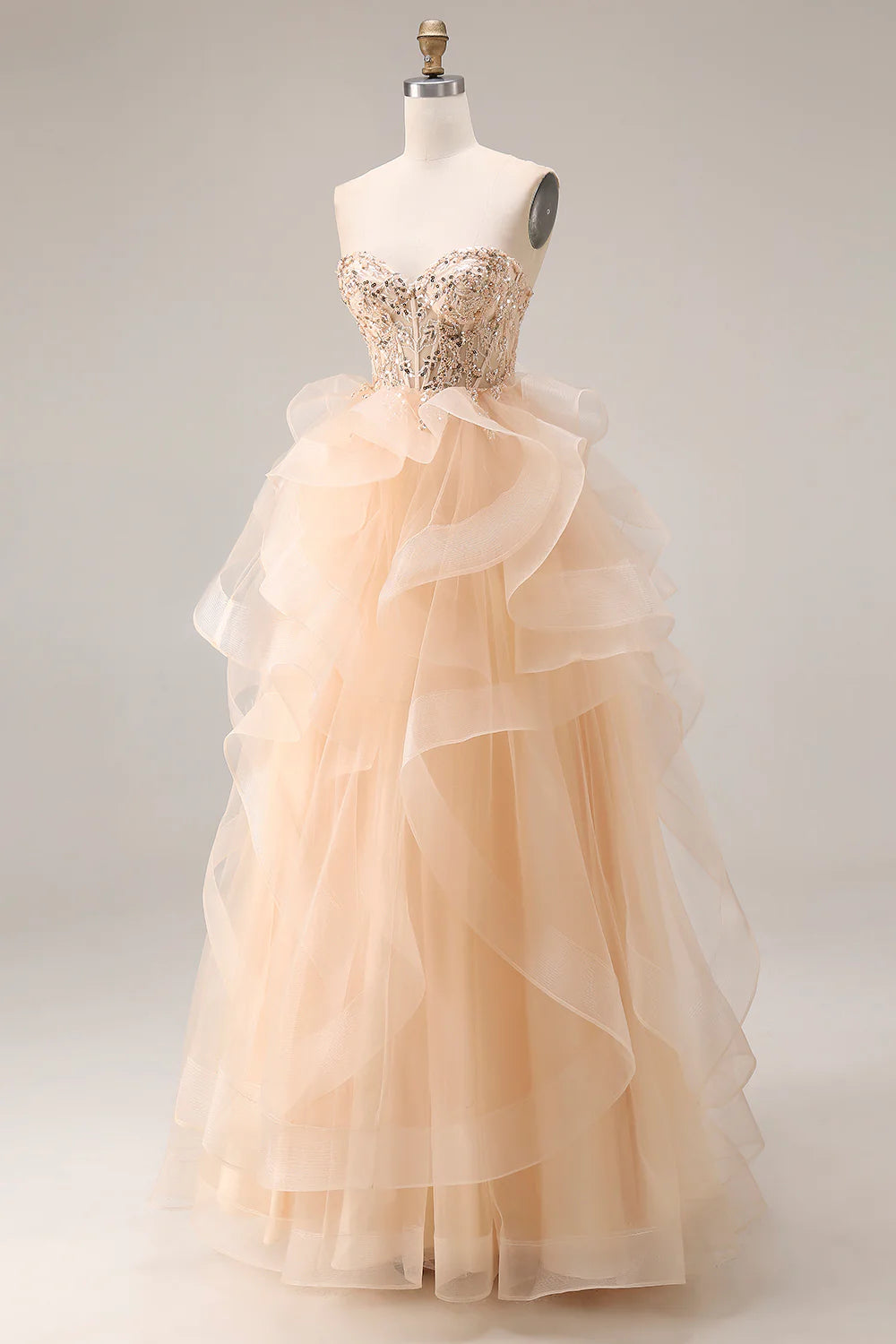 Champagne Strapless Beaded Lace Ruffled Organza Prom Dress with Corset Back