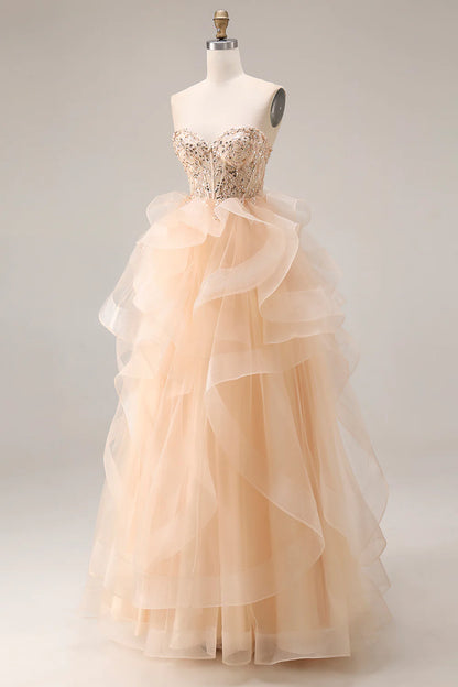 Champagne Strapless Beaded Lace Ruffled Organza Prom Dress with Corset Back