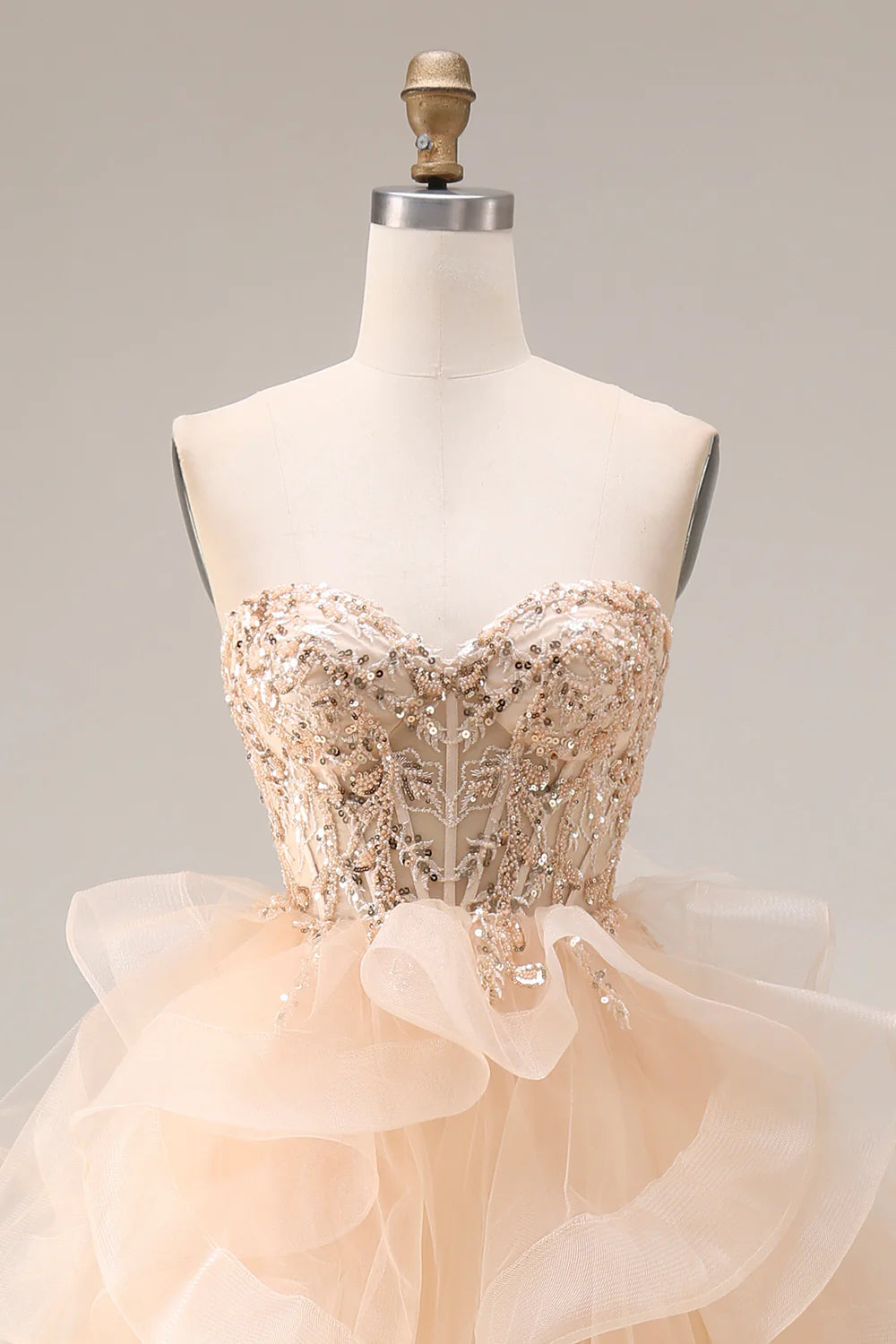 Champagne Strapless Beaded Lace Ruffled Organza Prom Dress with Corset Back