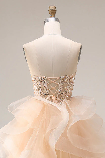 Champagne Strapless Beaded Lace Ruffled Organza Prom Dress with Corset Back