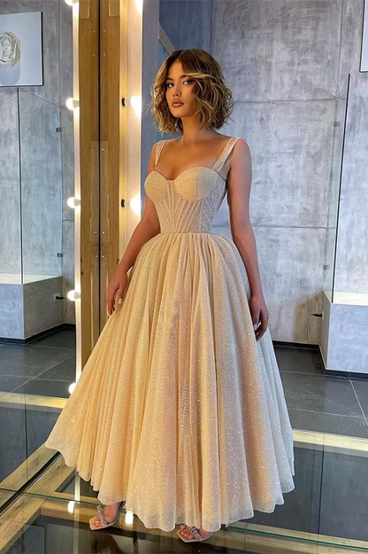 Champagne Sweetheart Neckline Corset Glitter Tulle A Line Tea Length Formal Evening Prom Dress