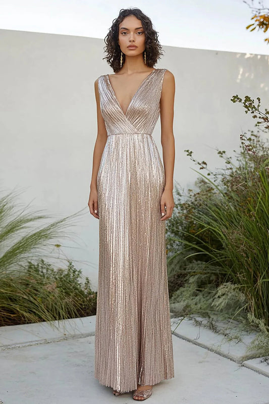 Champagne V Neck Prom Dress With Sleeveless Pleated Sequin A Line Silhouette For Formal Evening Party